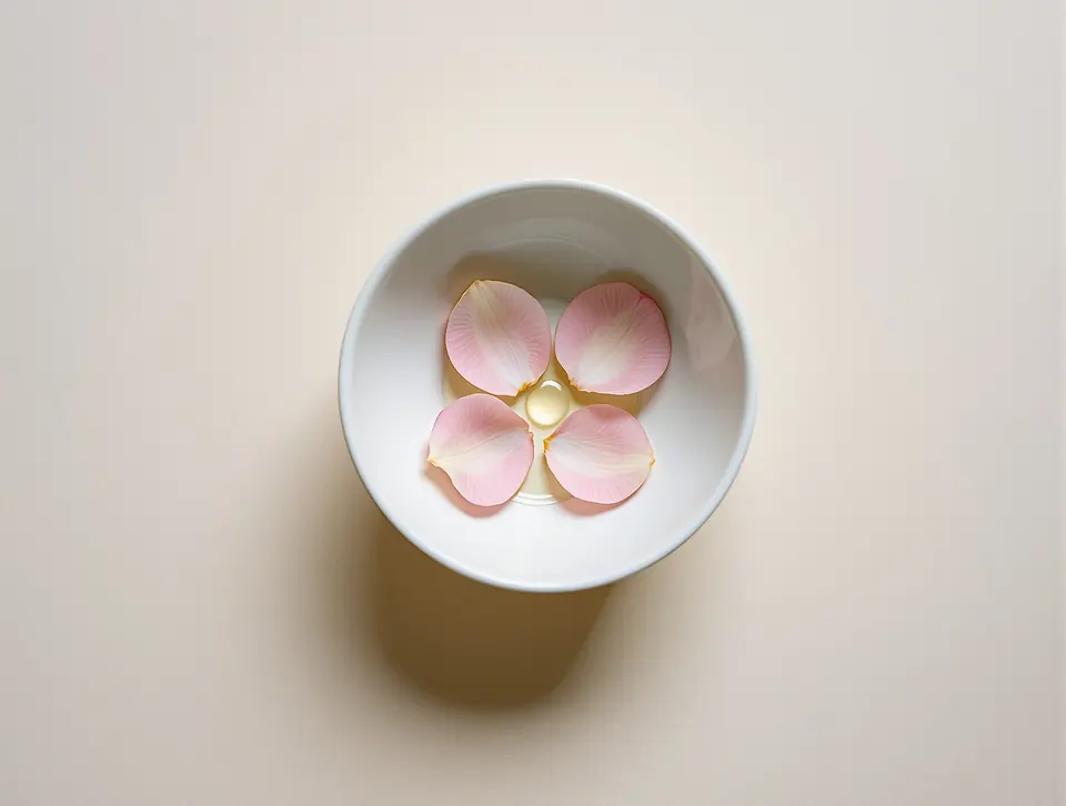 A small porcelain bowl with rose petals and a drop of oil.