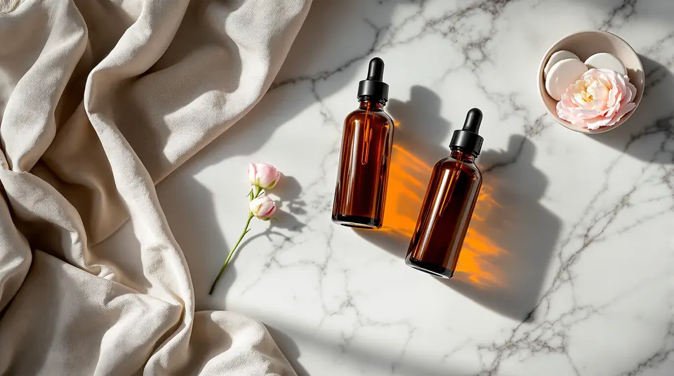 Amber-glass apothecary bottles on a Carrara marble surface beside folded linen and a single ranunculus.
