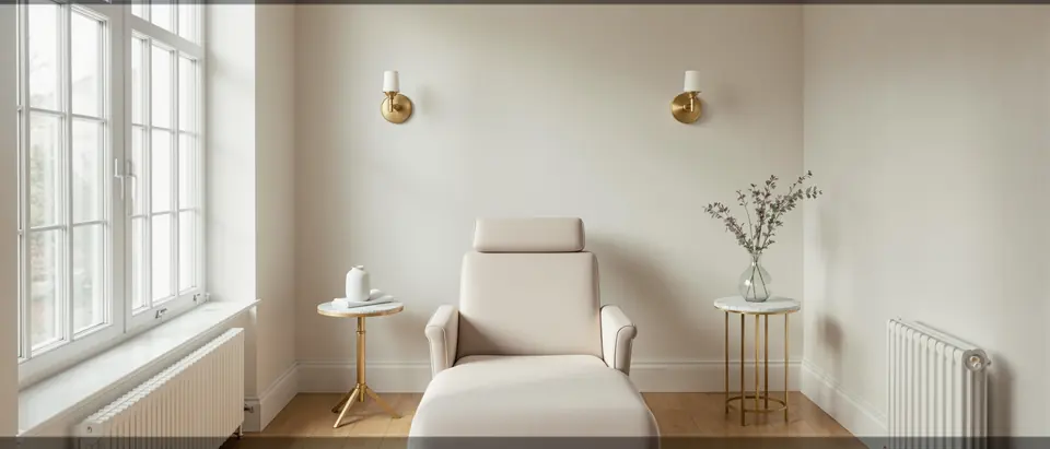 A treatment room with reclining chair, brass sconces, and north-facing window light.