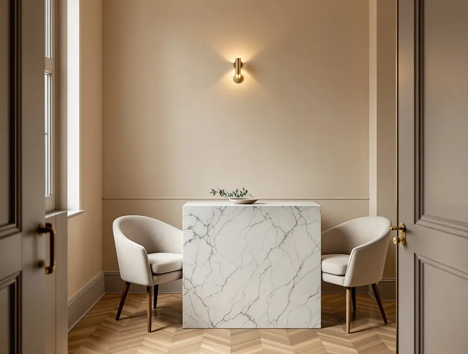 A consultation room with travertine desk and two upholstered chairs.