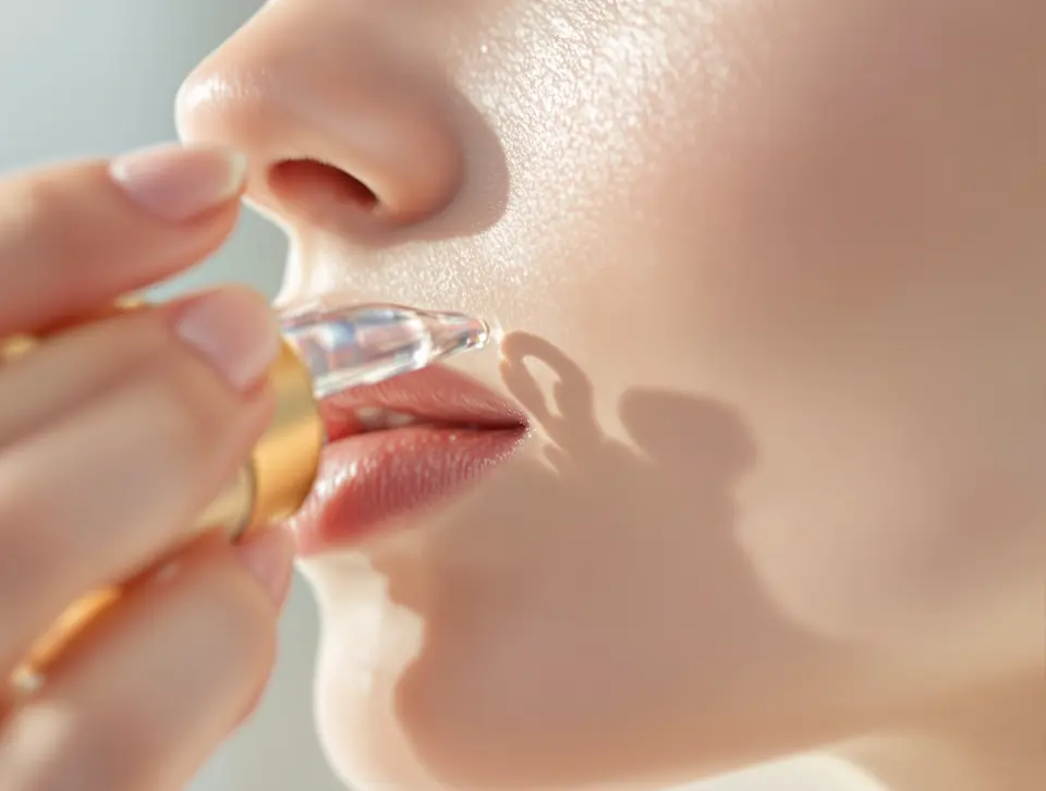 A hand applying clear serum to the side of a cheek.