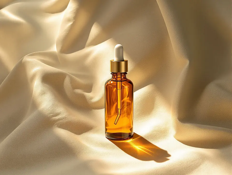 A single amber-glass serum bottle on linen with light streaming through.